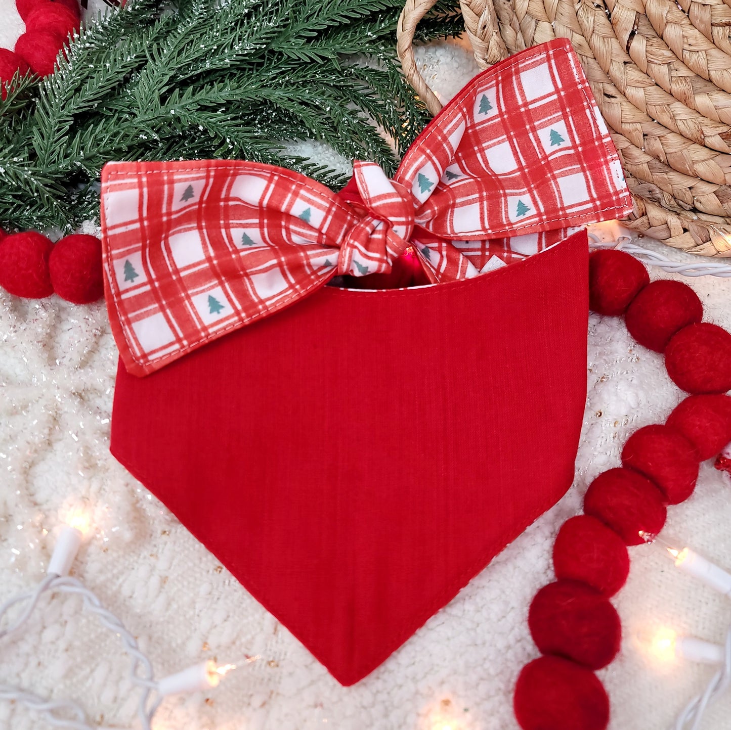 Red Gingham Christmas Tree Dog Bandana With or Without Pom Pom Trim