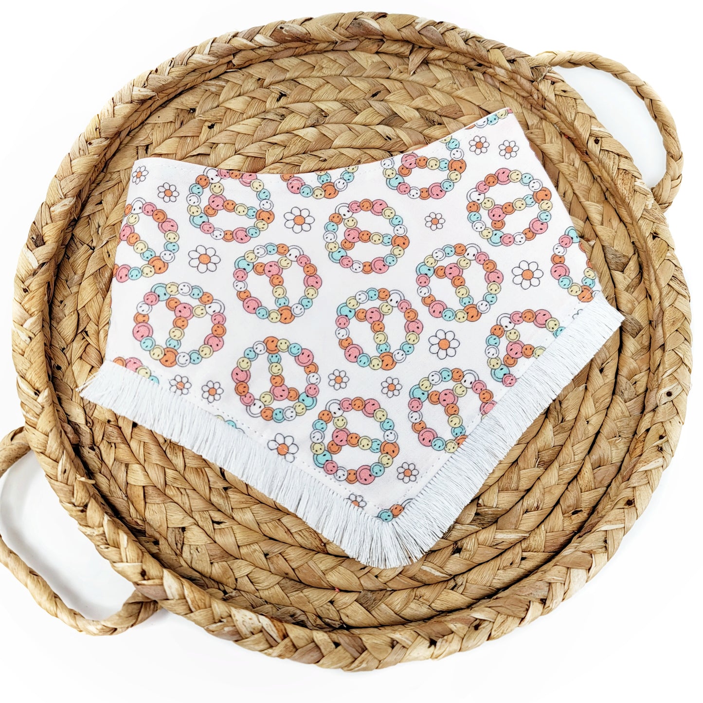 Retro Smiley Face Peace Sign - Reversible Snap On Dog Bandana - With Short White Fringe