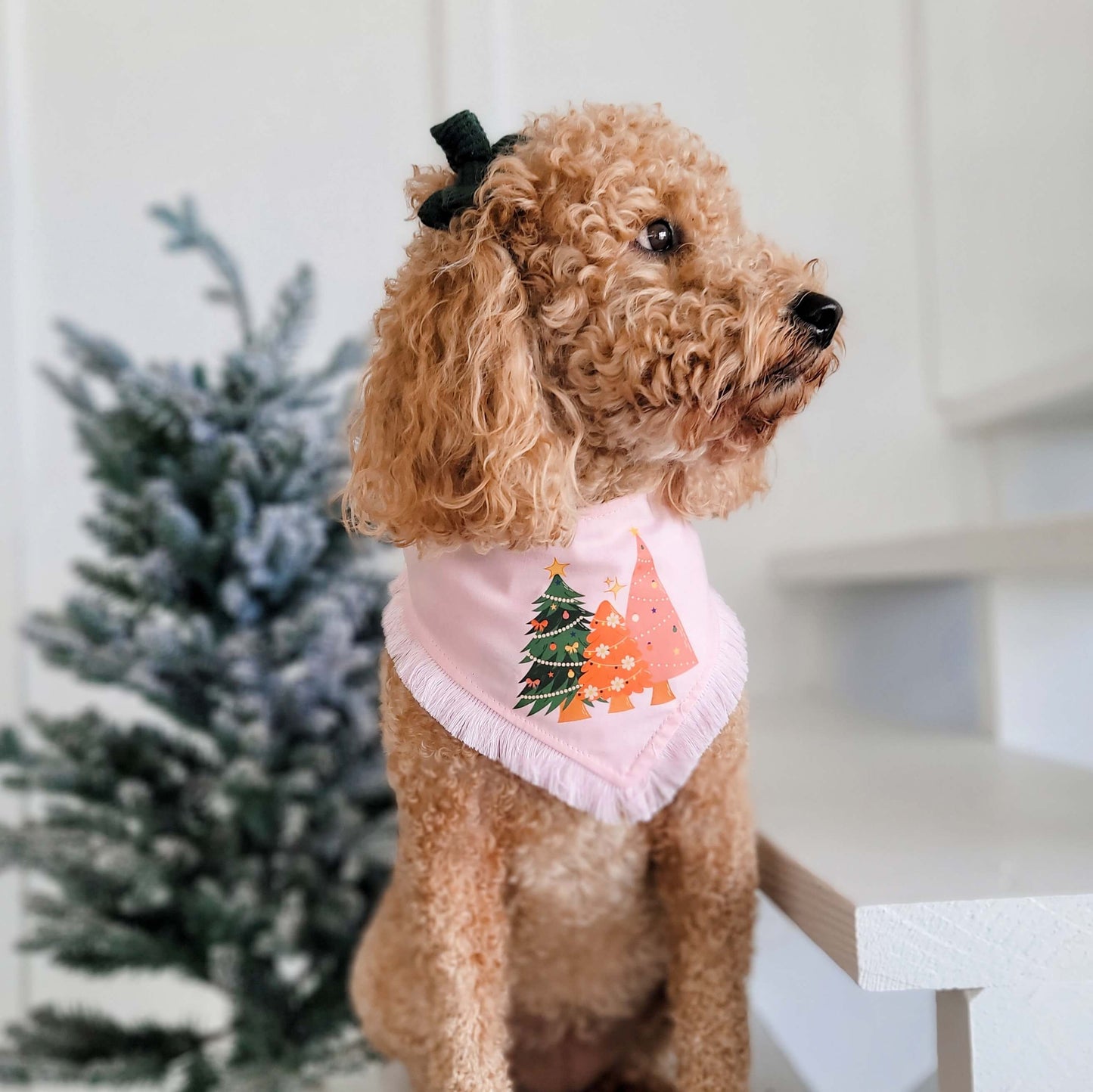 Pink-mas Tree Snap On Or Tie On Dog Bandana With or Without Pink Fringe Trim