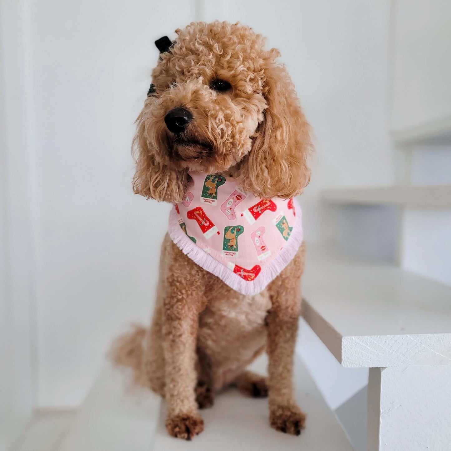 Pink-mas Tree Snap On Or Tie On Dog Bandana With or Without Pink Fringe Trim