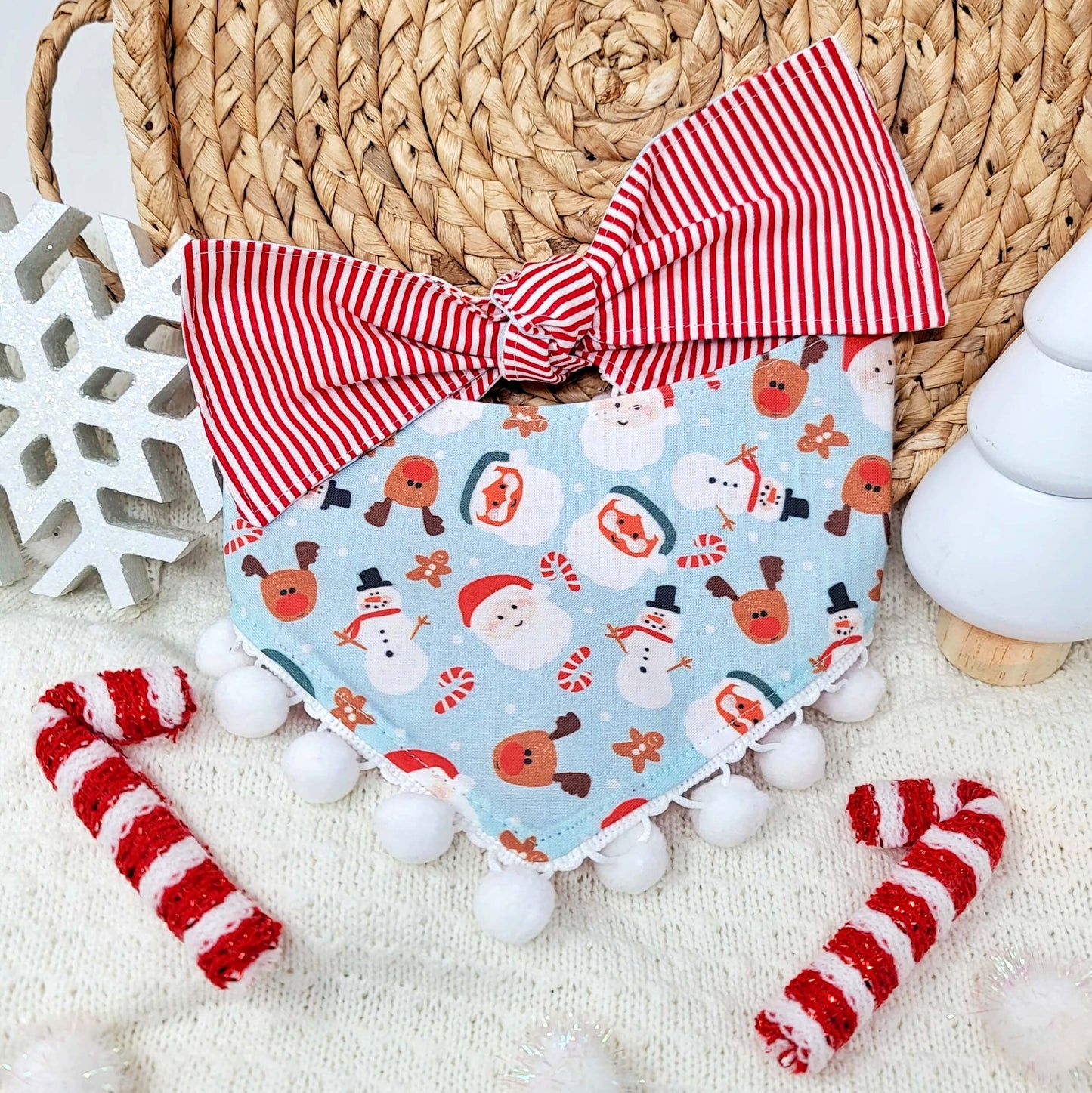 Blue Santa Snap On Or Tie On Dog Bandana With or Without Pom Pom Trim