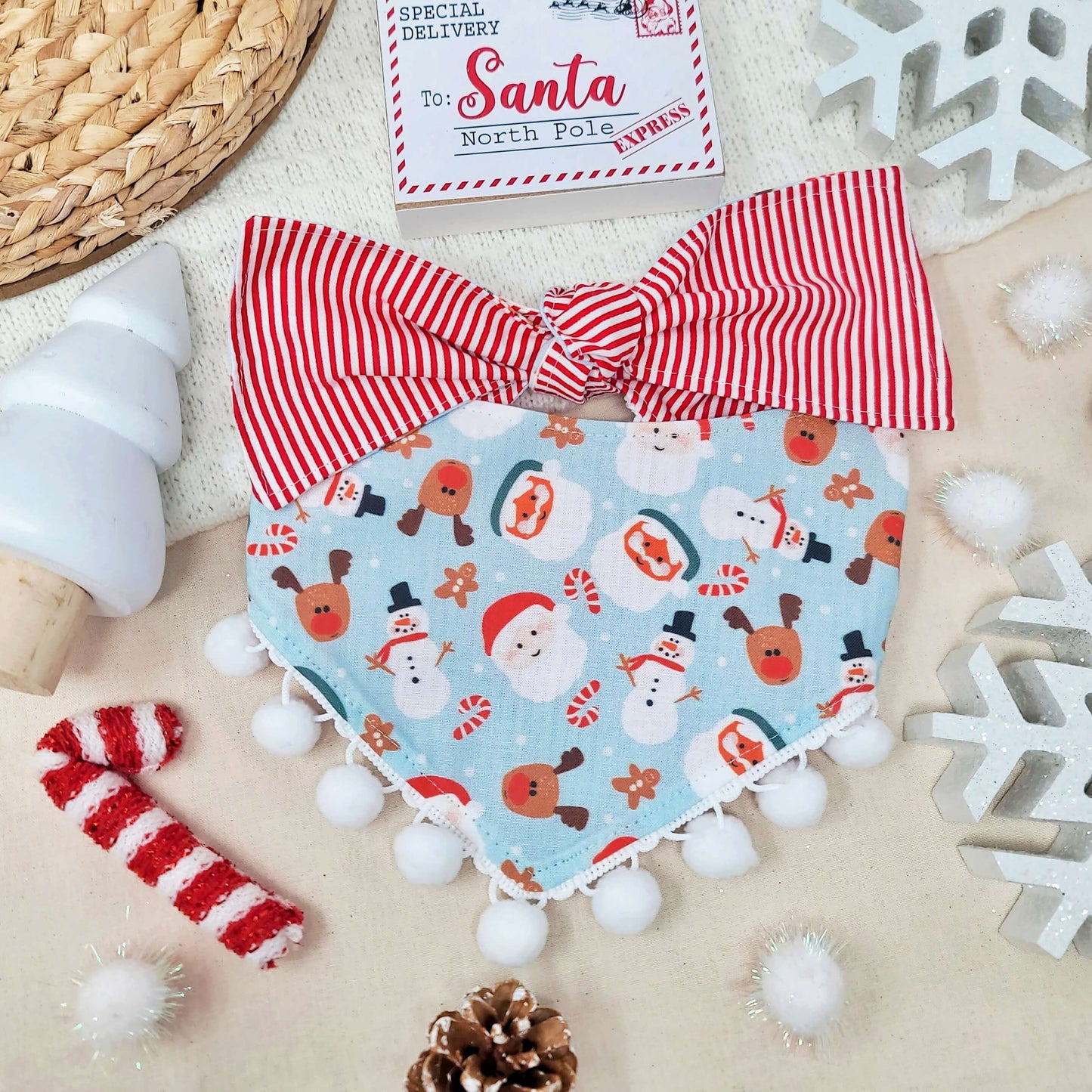 Blue Santa Snap On Or Tie On Dog Bandana With or Without Pom Pom Trim