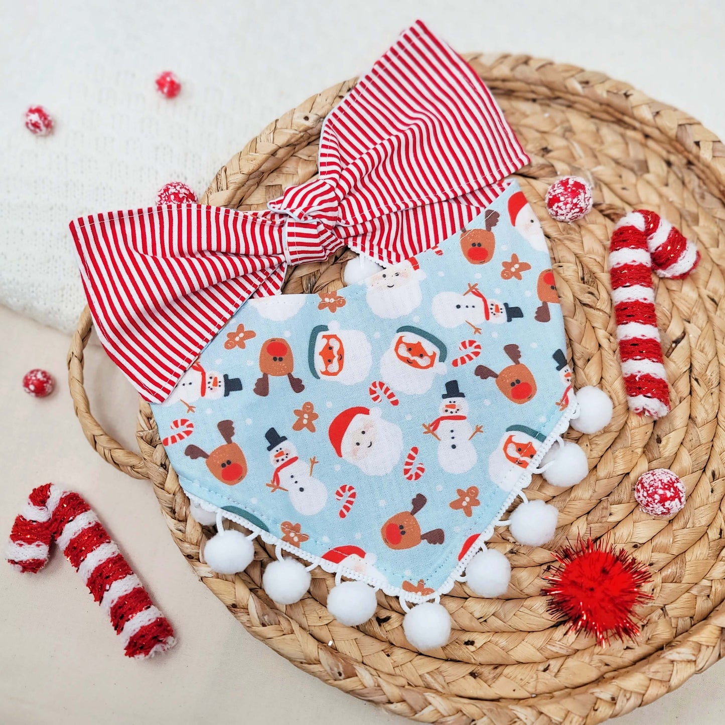 Blue Santa Snap On Or Tie On Dog Bandana With or Without Pom Pom Trim
