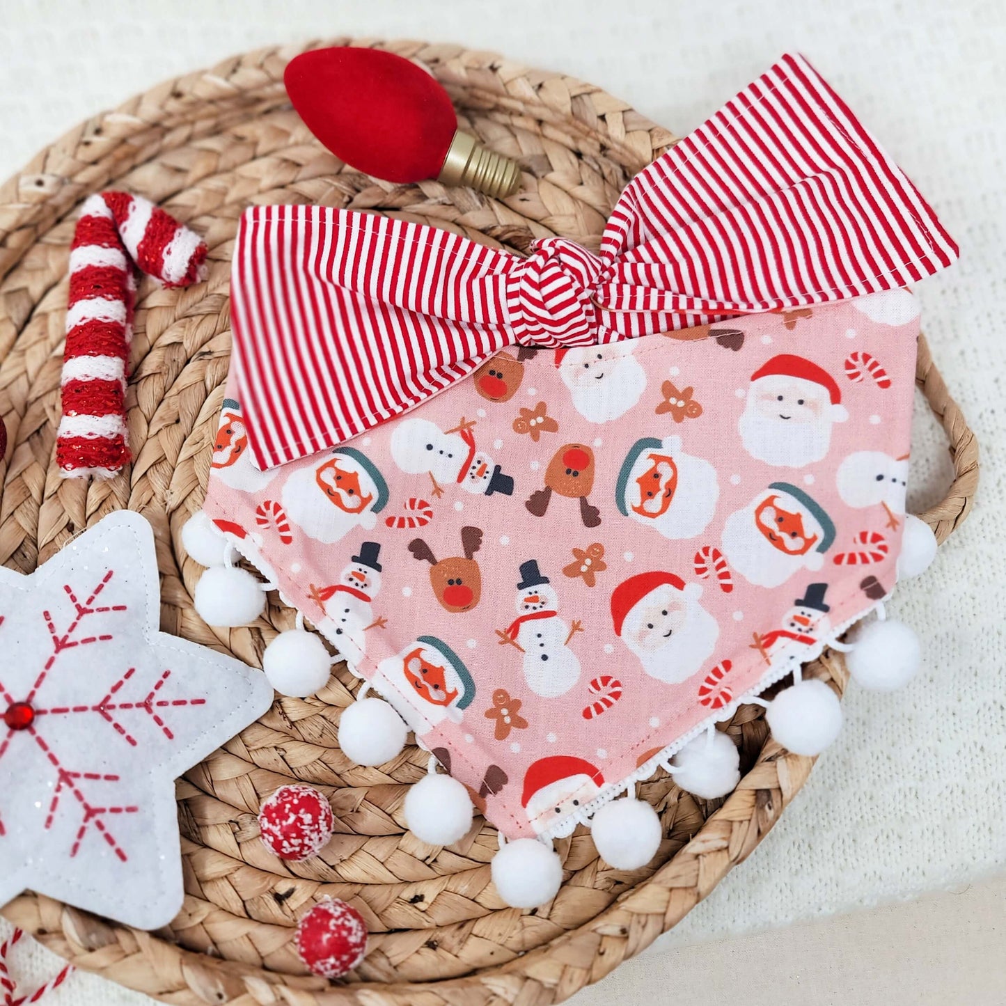 Pink Santa Snap On Or Tie On Dog Bandana With or Without Pom Pom Trim