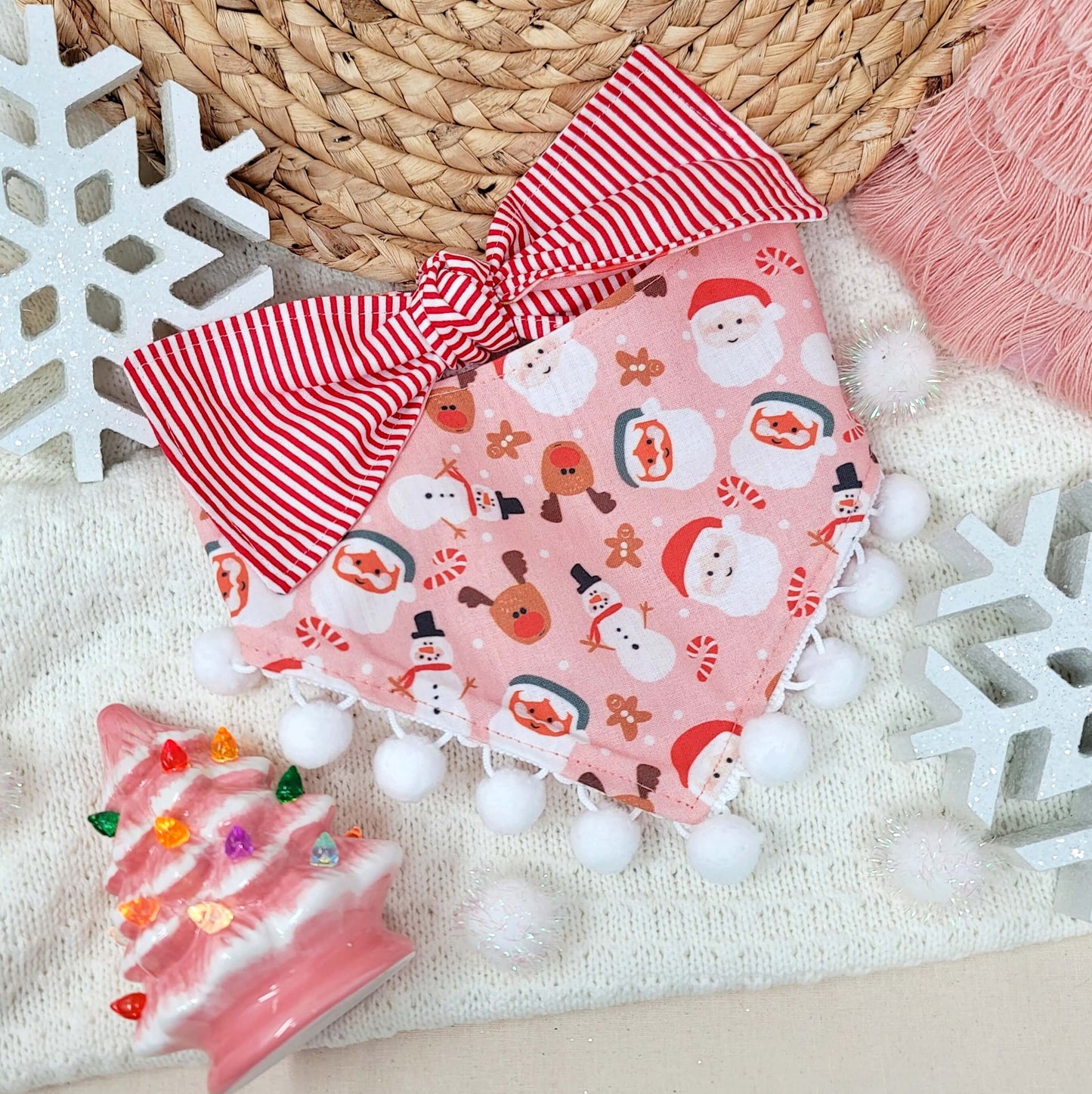 Pink Santa Snap On Or Tie On Dog Bandana With or Without Pom Pom Trim