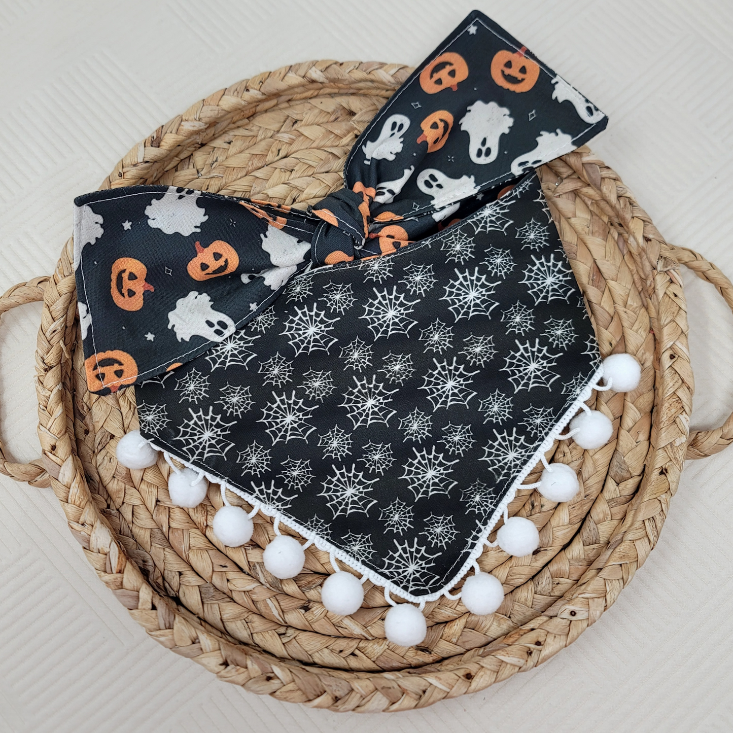 Fright Night Halloween Pumpkin and Ghost Dog Bandana With or Without Pom Pom Trim