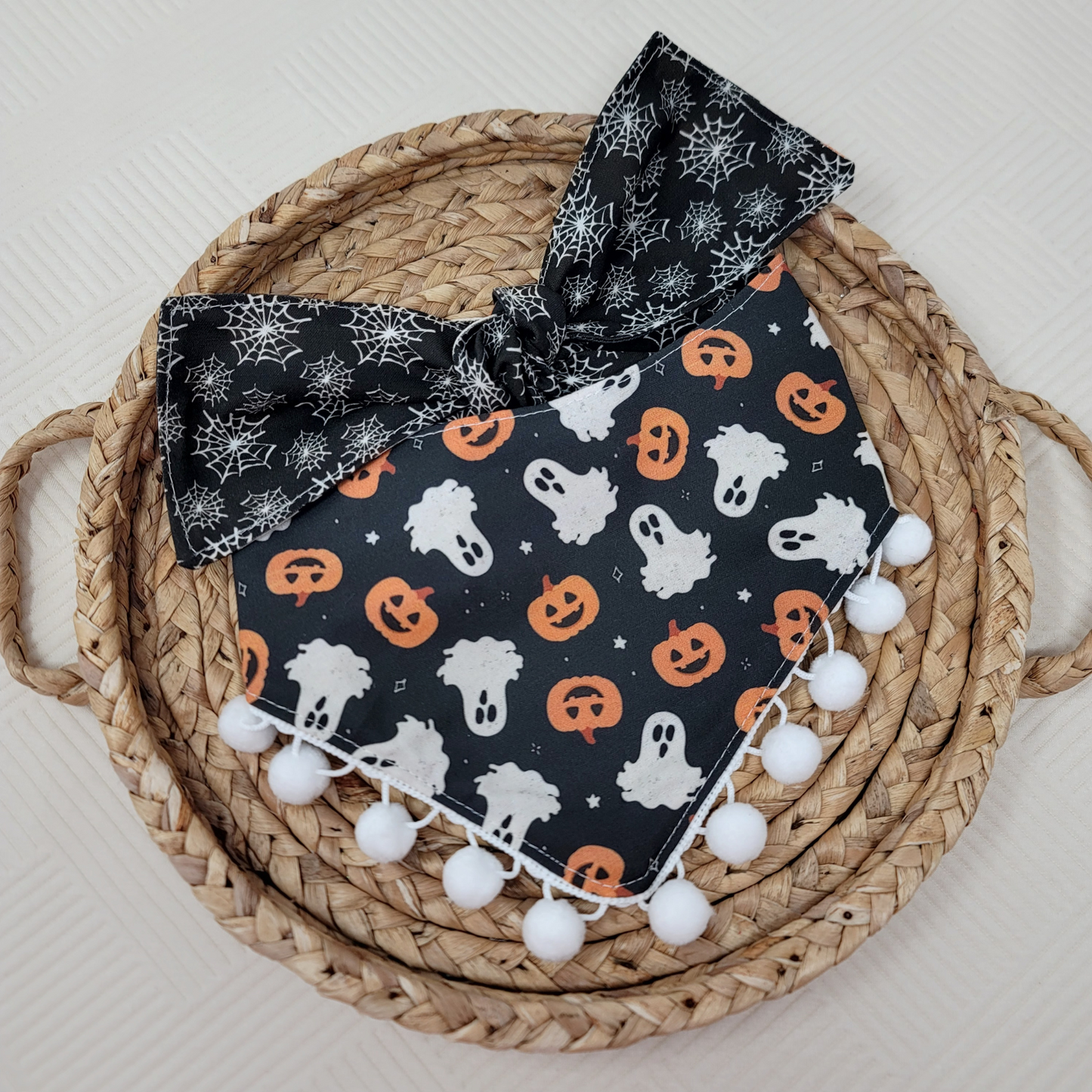 Fright Night Halloween Pumpkin and Ghost Dog Bandana With or Without Pom Pom Trim