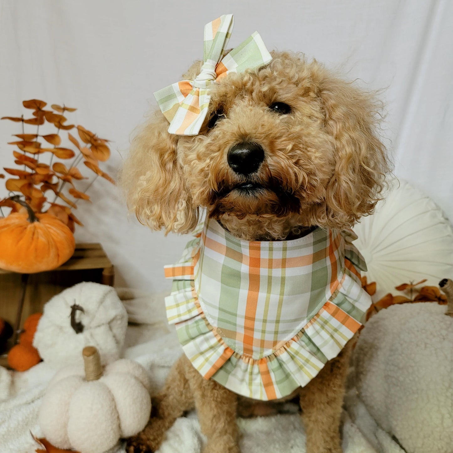 green and brown fall plaid dog bandana with ruffle trim