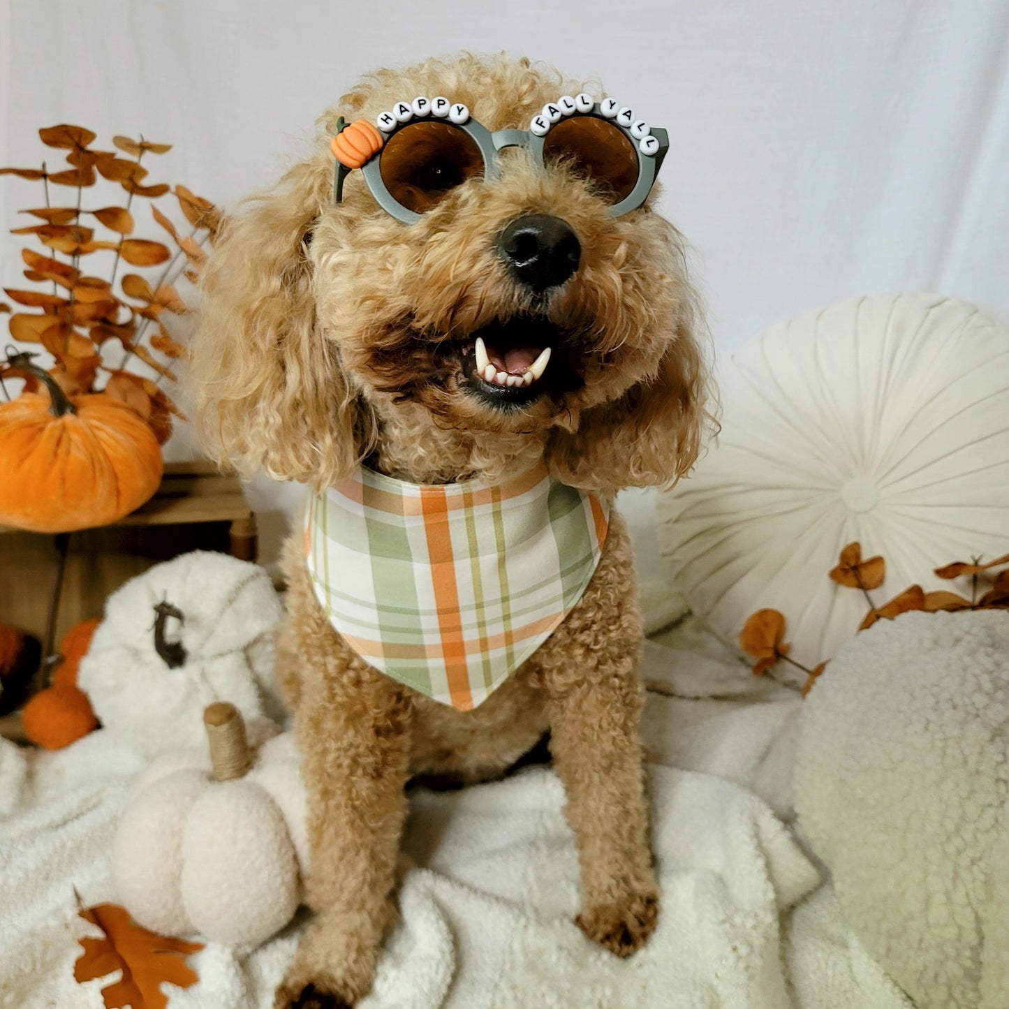green and brown fall plaid dog bandana