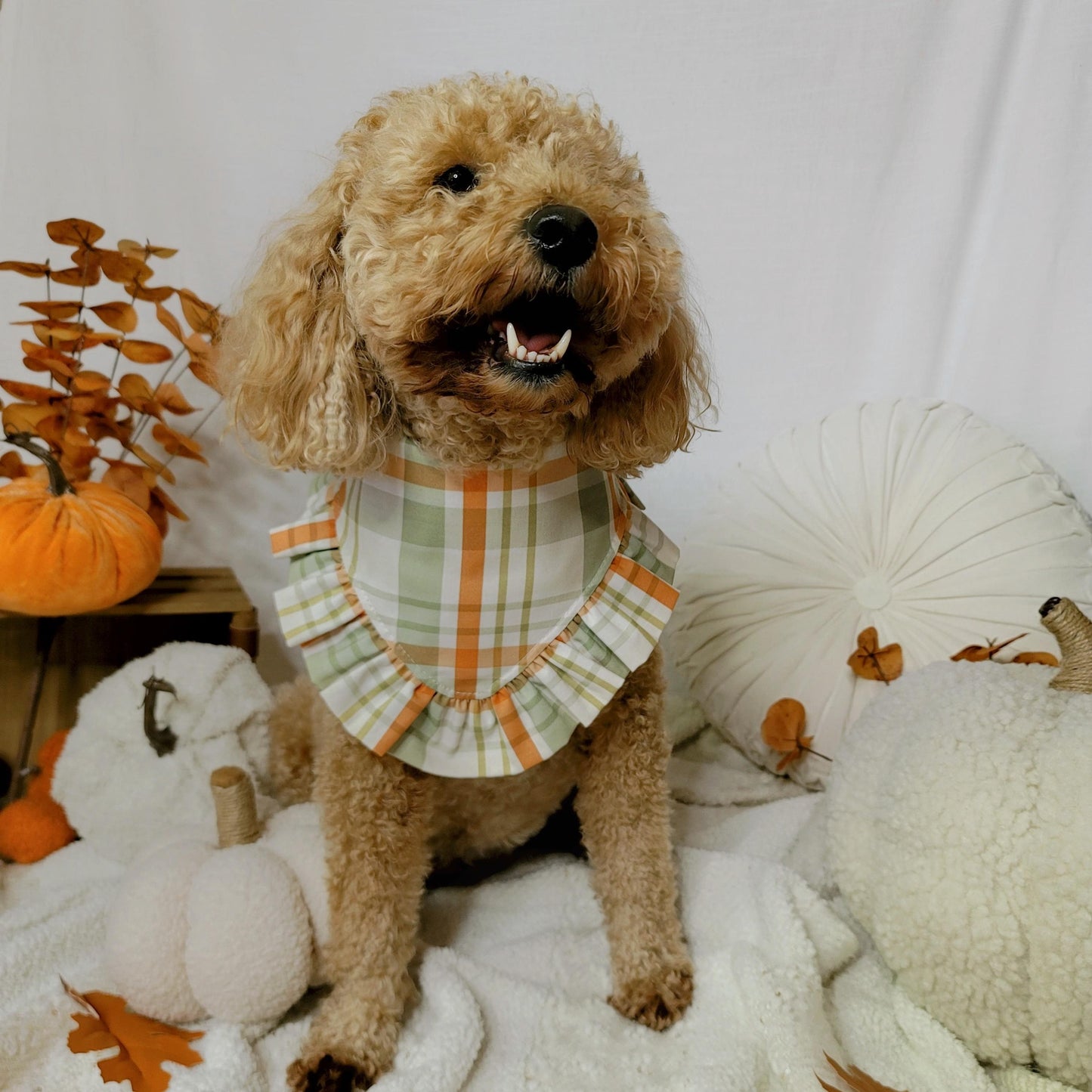 green and brown fall plaid dog bandana with ruffle trim