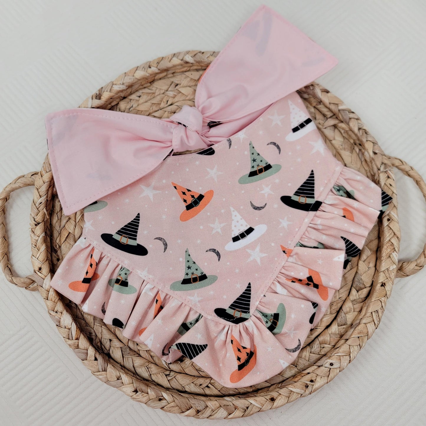 peachy pink witch hat print dog bandana with ruffle trim