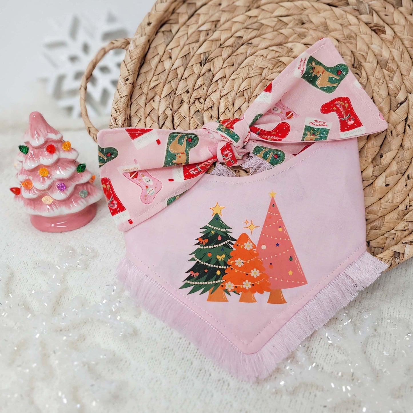 Pink-mas Tree Snap On Or Tie On Dog Bandana With or Without Pink Fringe Trim
