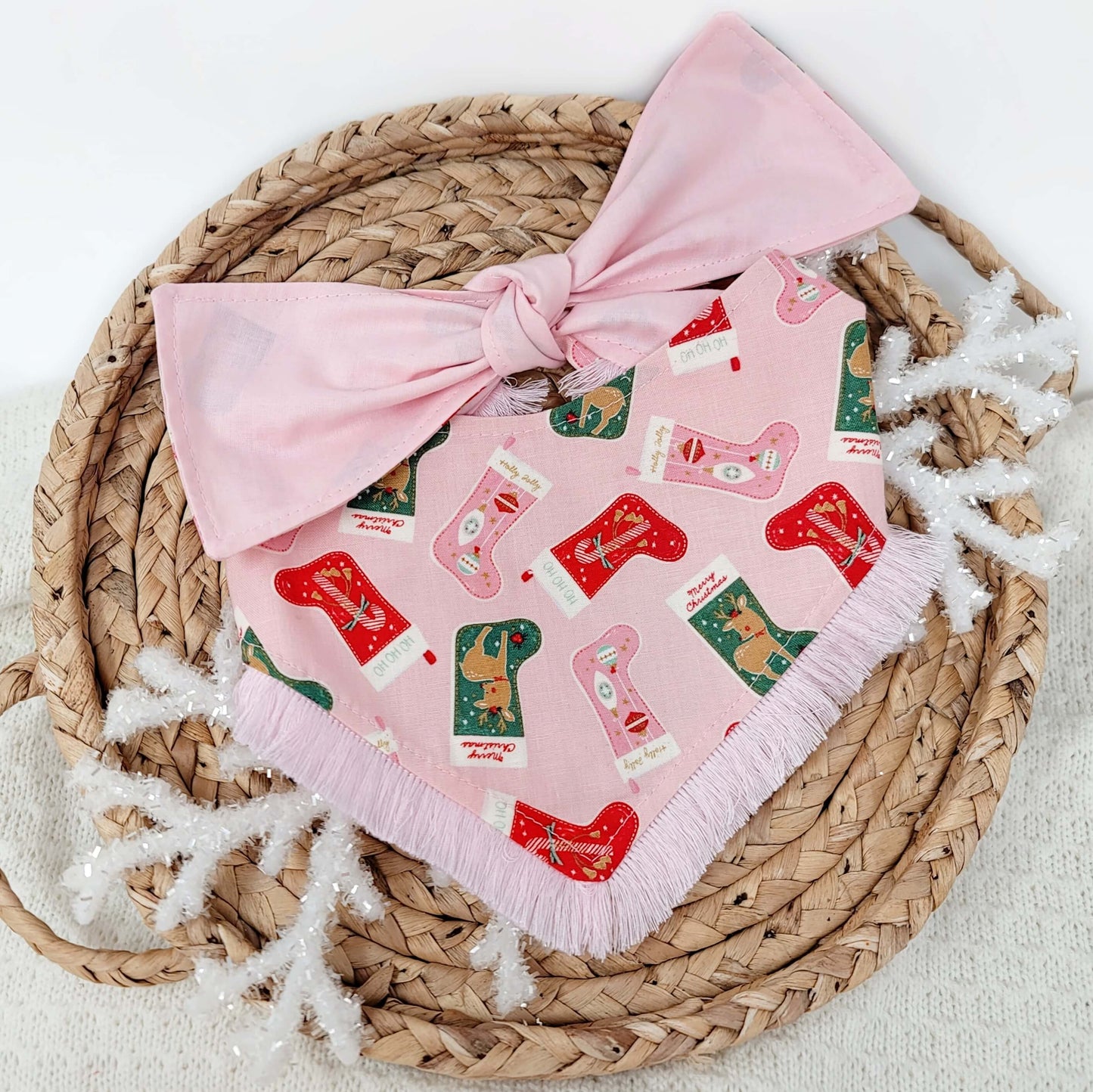 Pink-mas Tree Snap On Or Tie On Dog Bandana With or Without Pink Fringe Trim