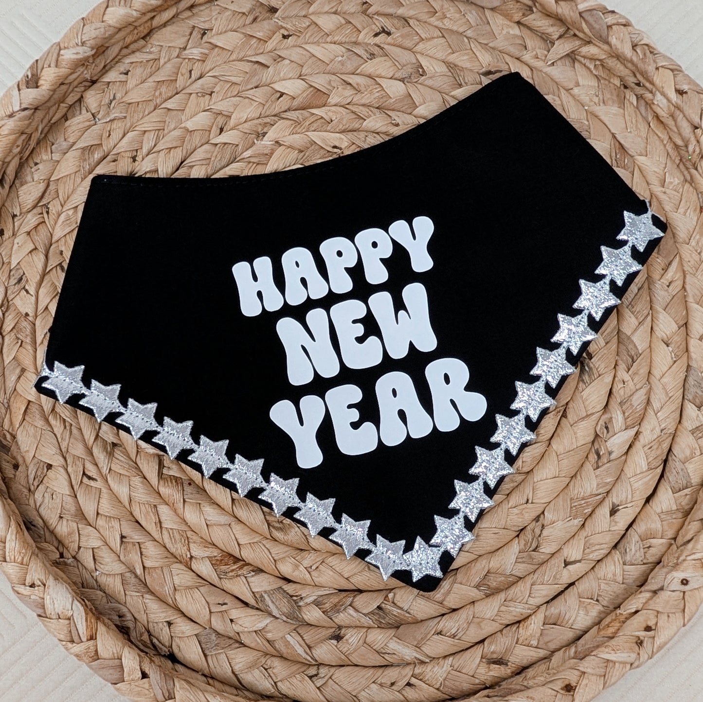 Happy New Year Dog Bandana With Silver Star Trim