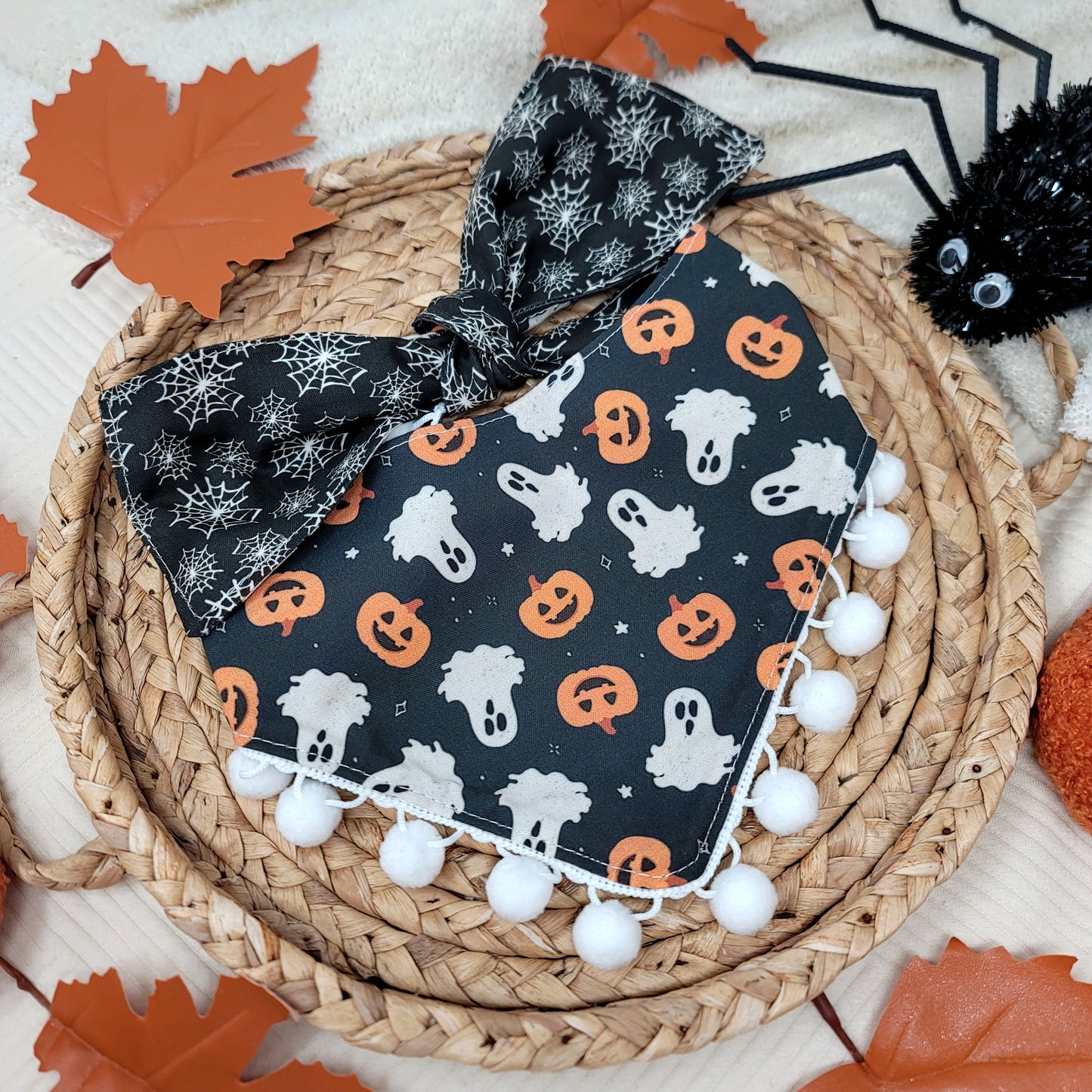 Fright Night Halloween Pumpkin and Ghost Dog Bandana With or Without Pom Pom Trim