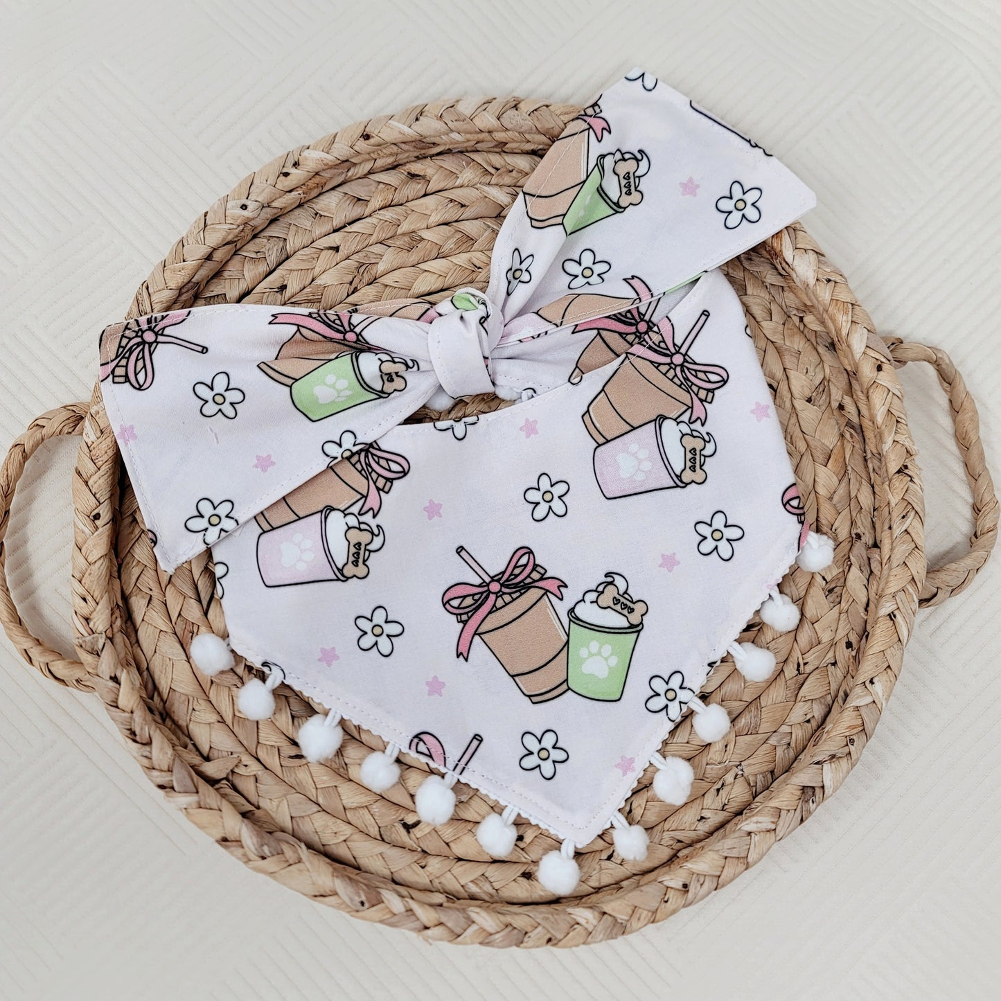 Pup Cup and Latte Dog Bandana With or Without White Pom Pom Trim