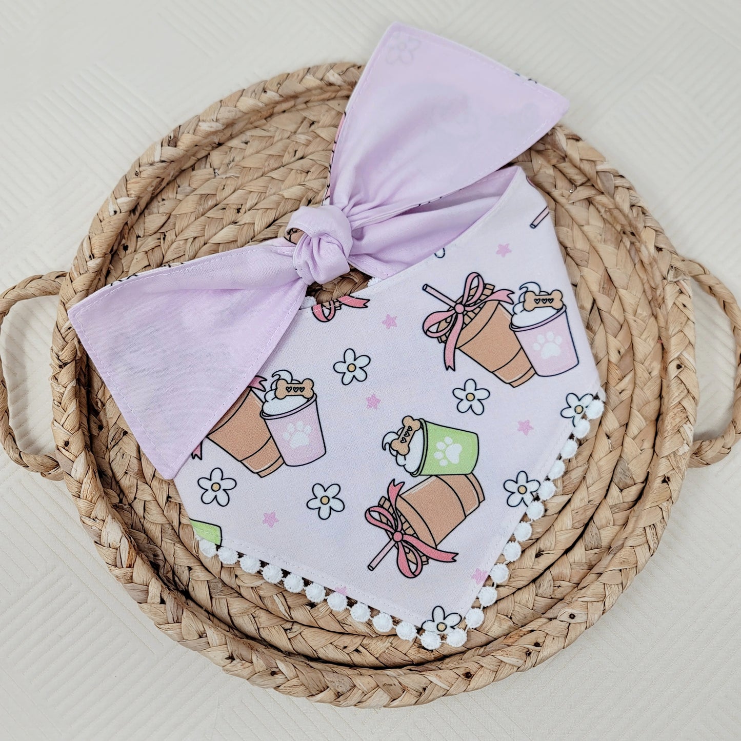 Mama's Coffee Date Dog Bandana Flat White Pom Pom Trim