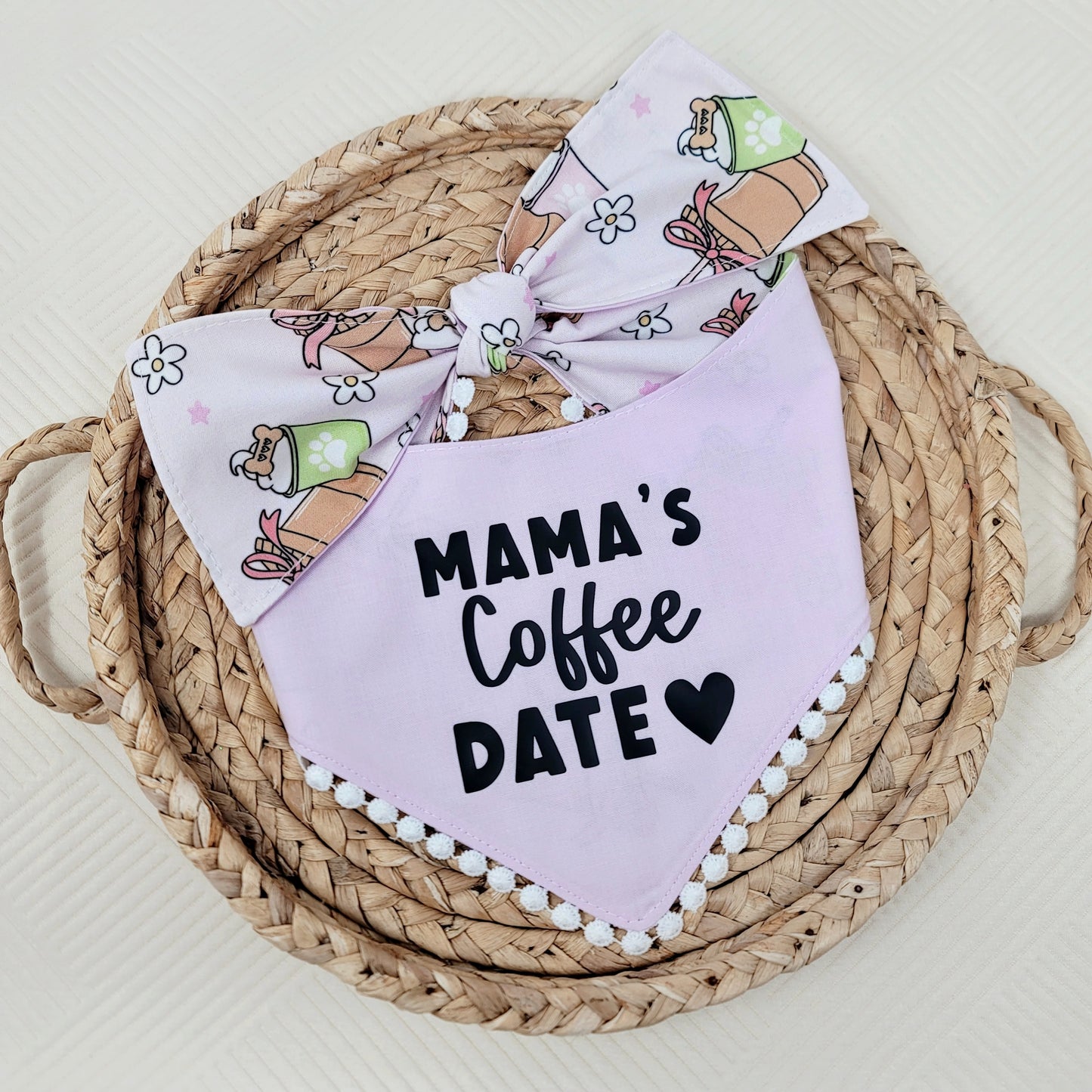 Mama's Coffee Date Dog Bandana Flat White Pom Pom Trim