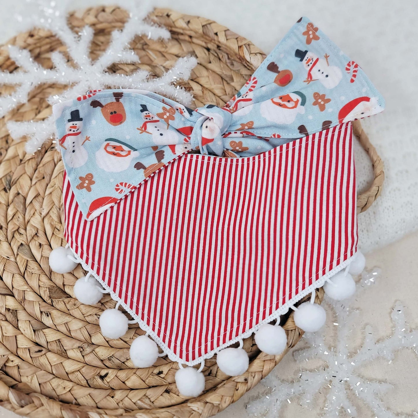 Blue Santa Snap On Or Tie On Dog Bandana With or Without Pom Pom Trim