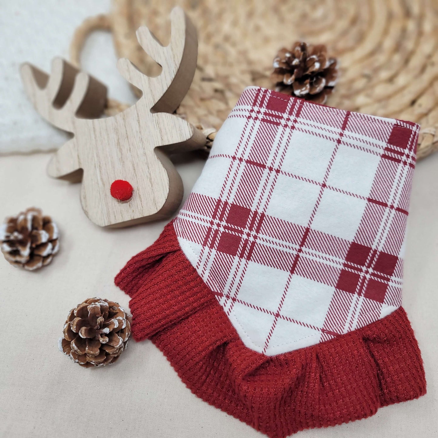 White and Red Plaid Snap On Dog Bandana With or Without Ruffle