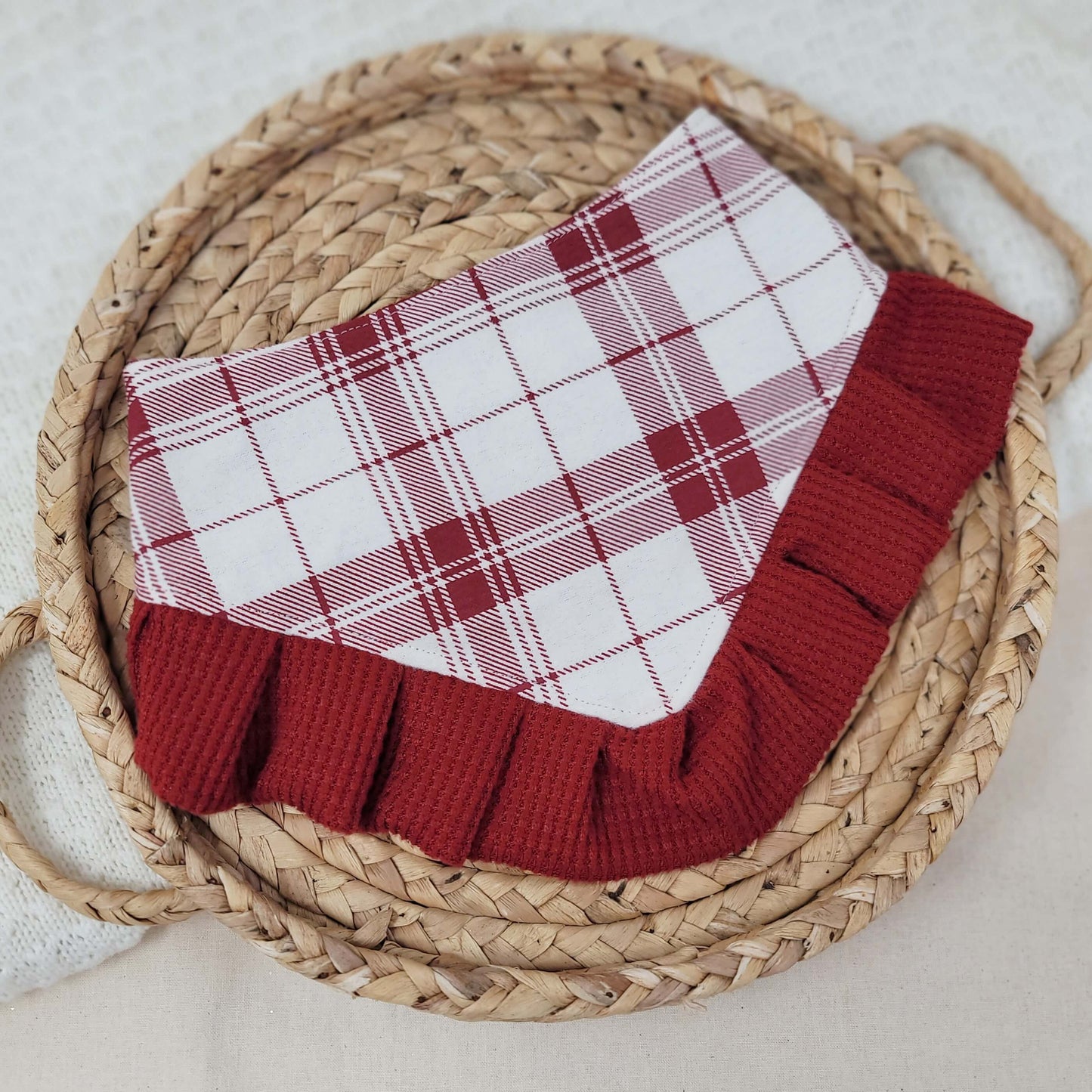 White and Red Plaid Snap On Dog Bandana With or Without Ruffle