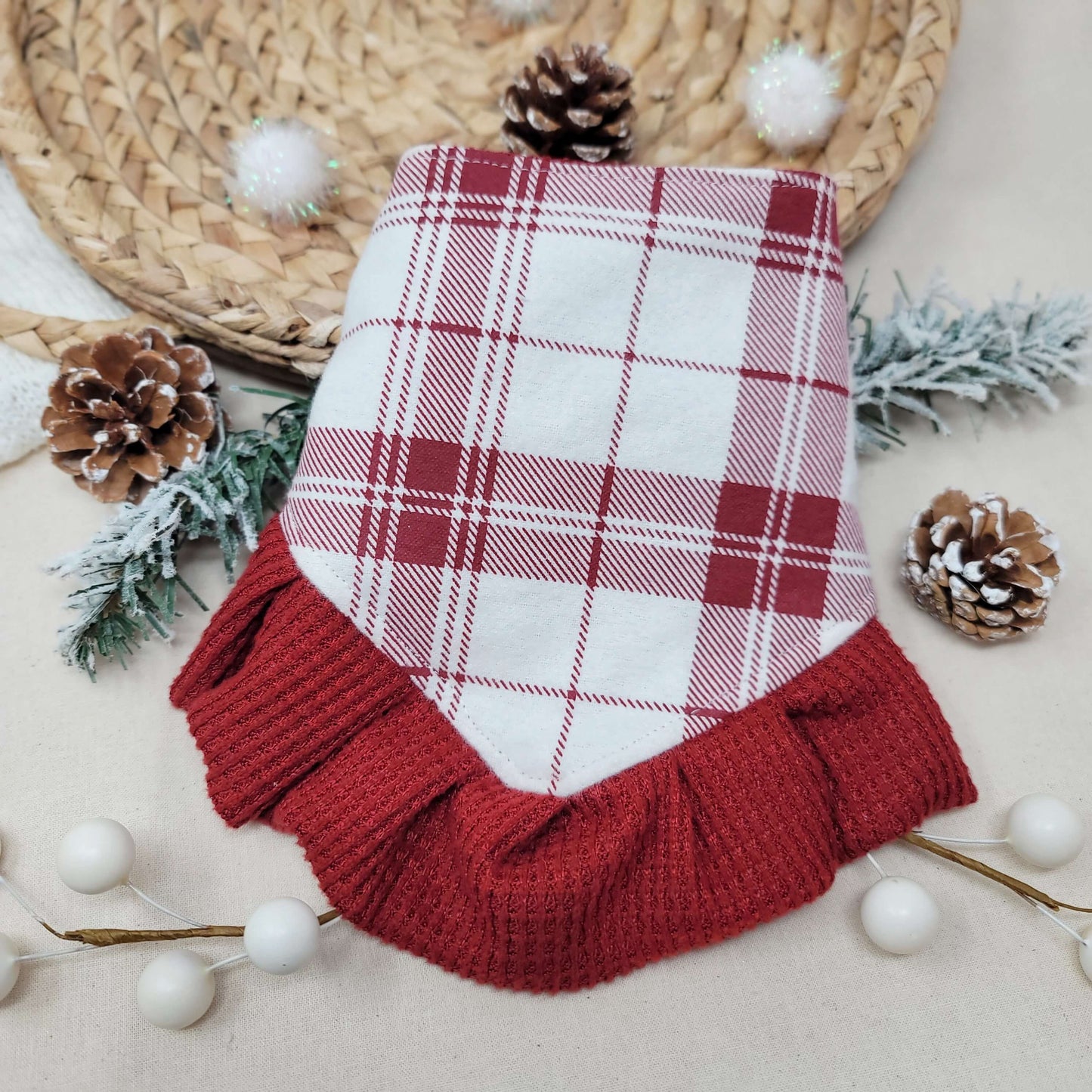 White and Red Plaid Snap On Dog Bandana With or Without Ruffle