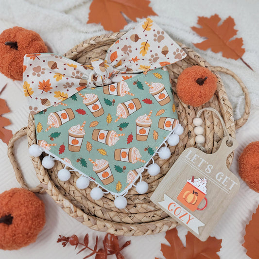 Green Pumpkin Spice Dog Bandana With or Without Pom Pom Trim