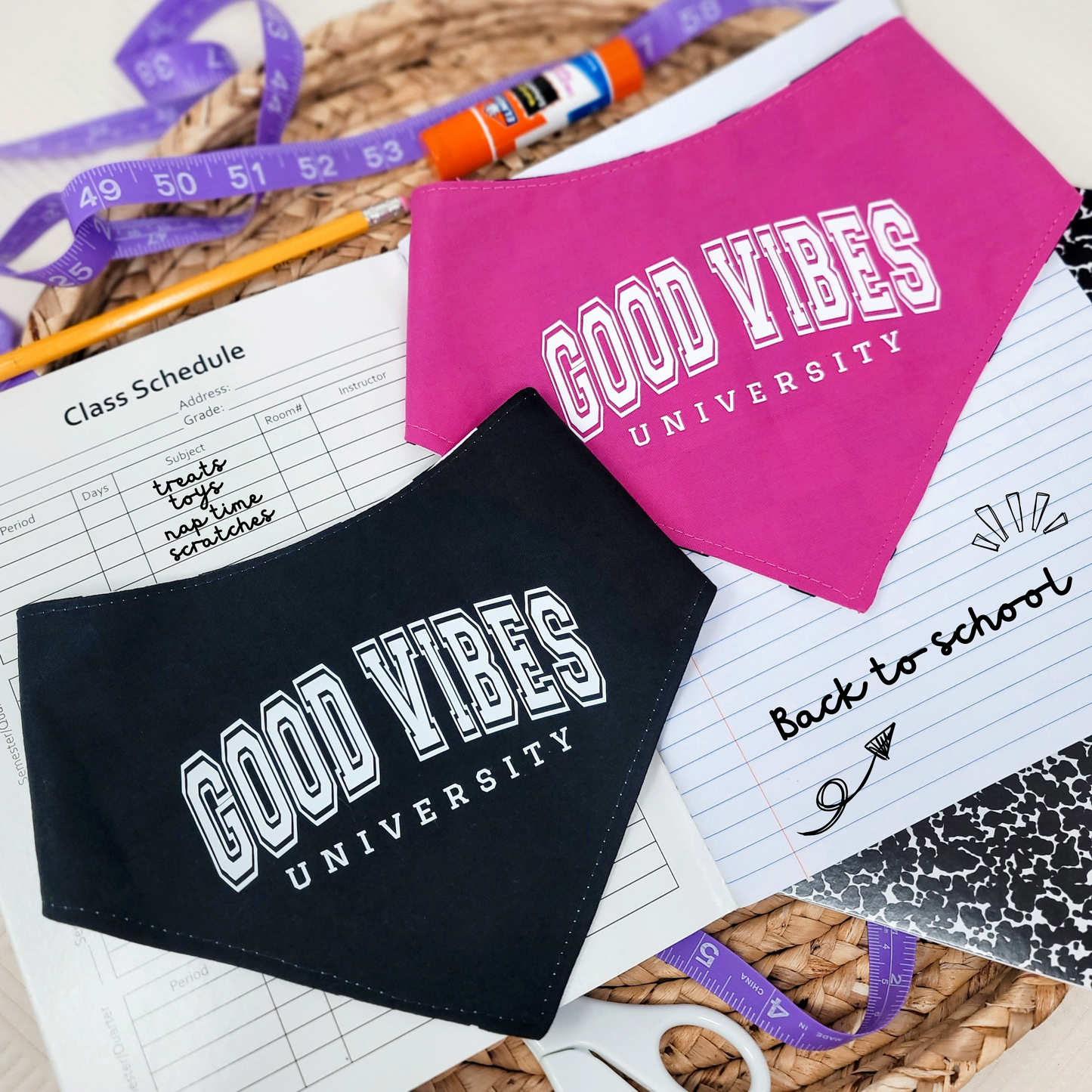 Good Vibes University Snap On Or Tie On Dog Bandana in Black