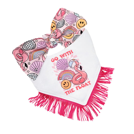 Go With The Float in Pink -Reversible Snap On Dog Bandana - With Pink Fringe Trim