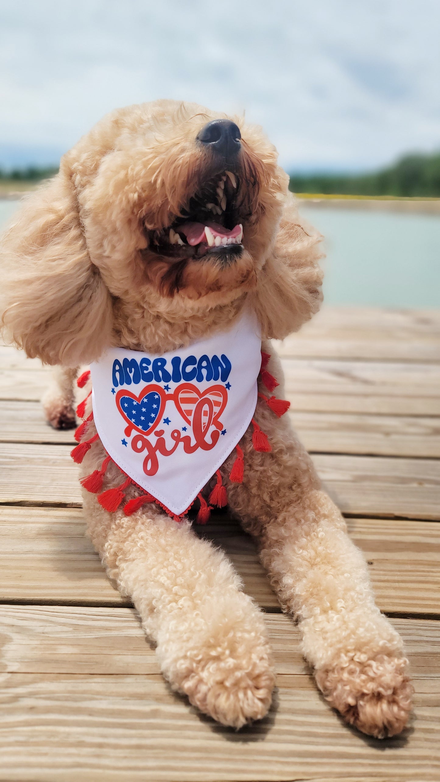 American Girl Patriotic - Snap On Dog Bandana - With Red Tassel Trim