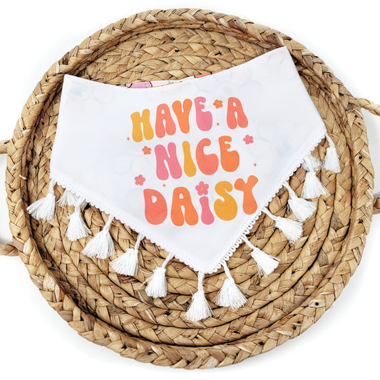 Have A Nice Daisy - Reversible Snap On Dog Bandana - With White Tassel Trim
