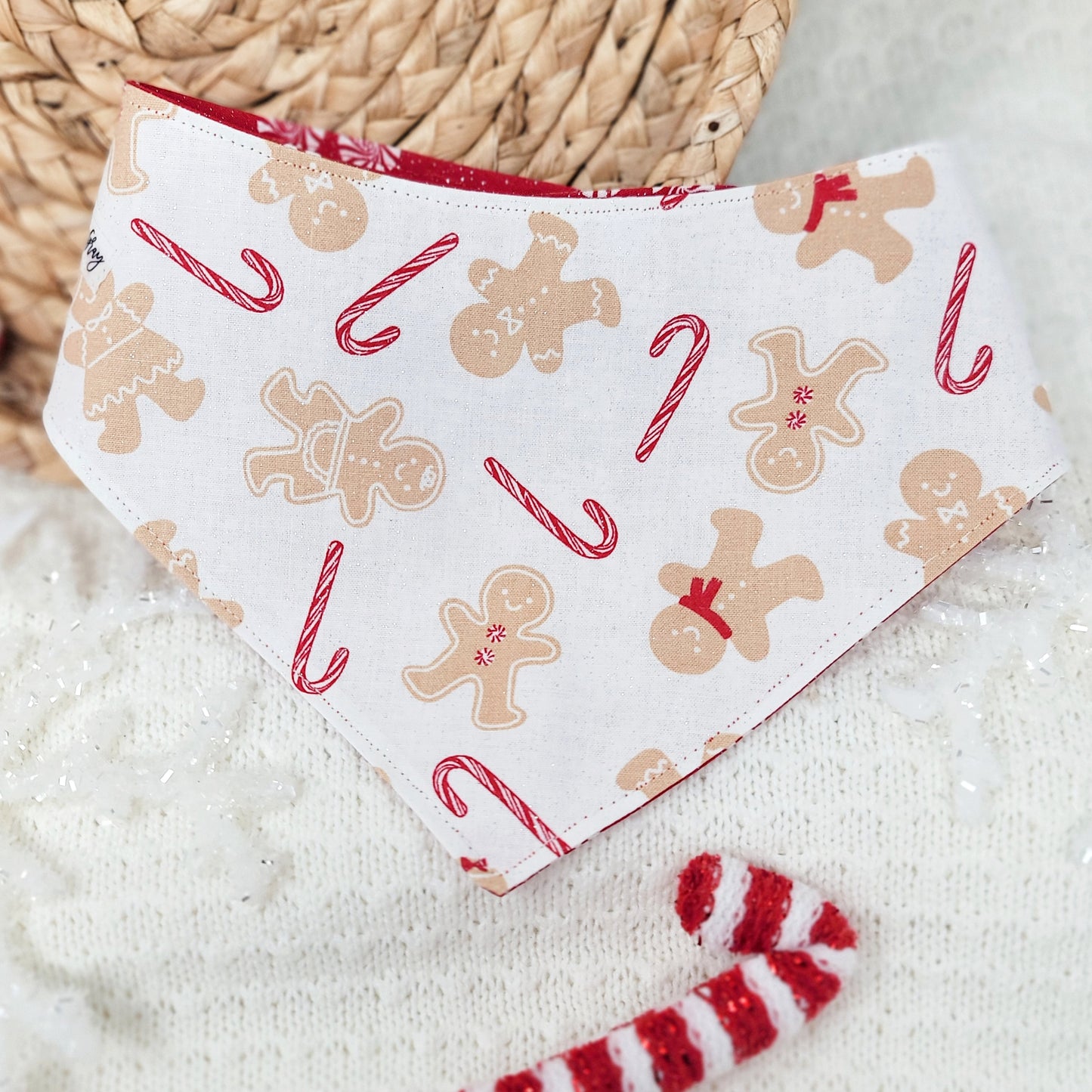 Reversible Gingerbread and Peppermint Snap On Dog Bandana