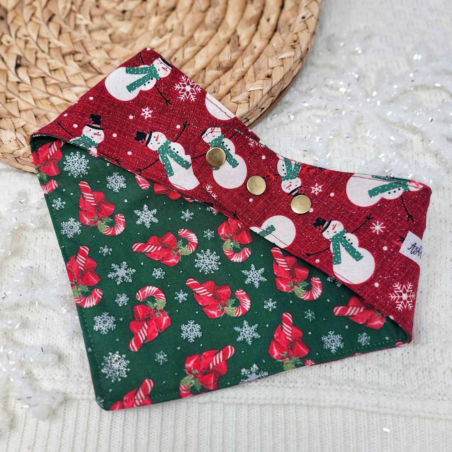 Reversible Snowman and Candy Cane Snap On Dog Bandana