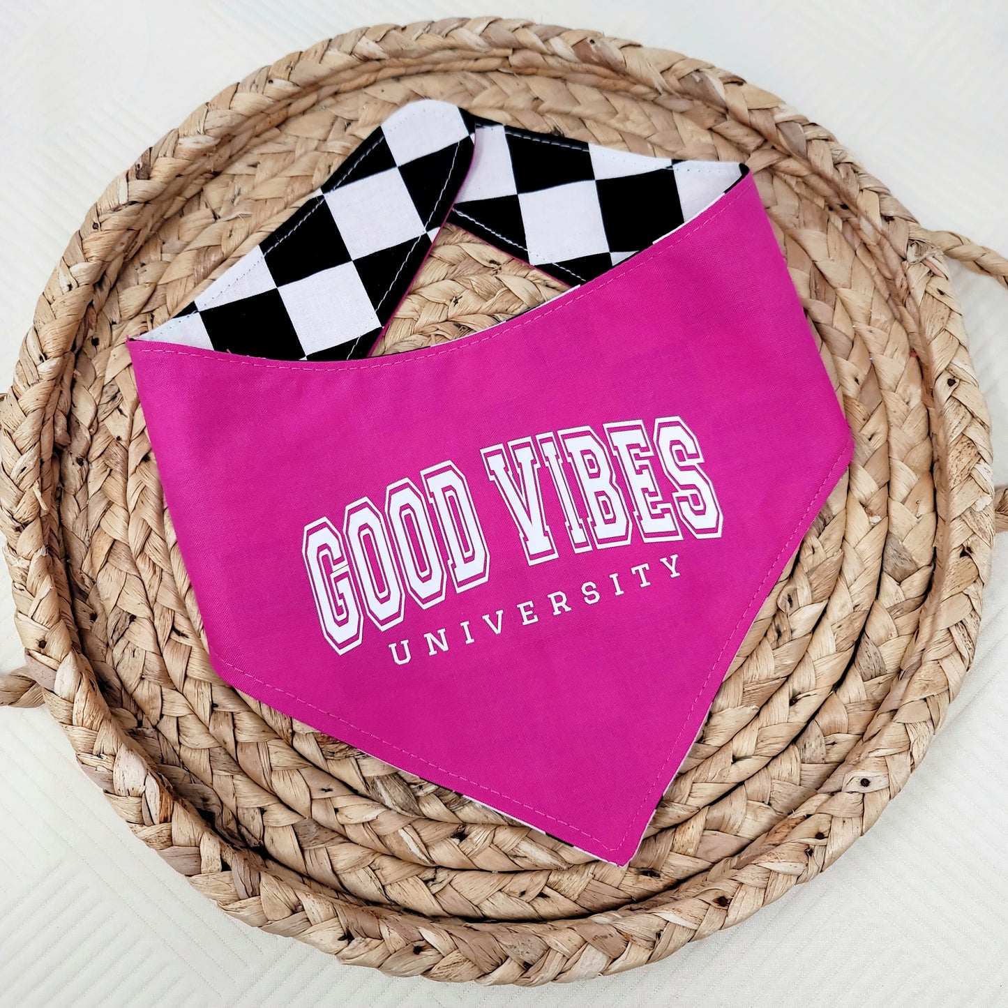 Good Vibes University Snap On Or Tie On Dog Bandana in Pink