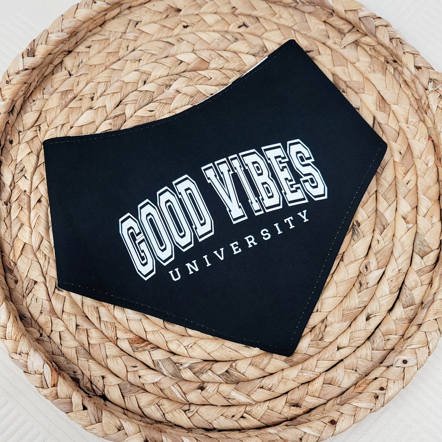 Good Vibes University Snap On Or Tie On Dog Bandana in Black