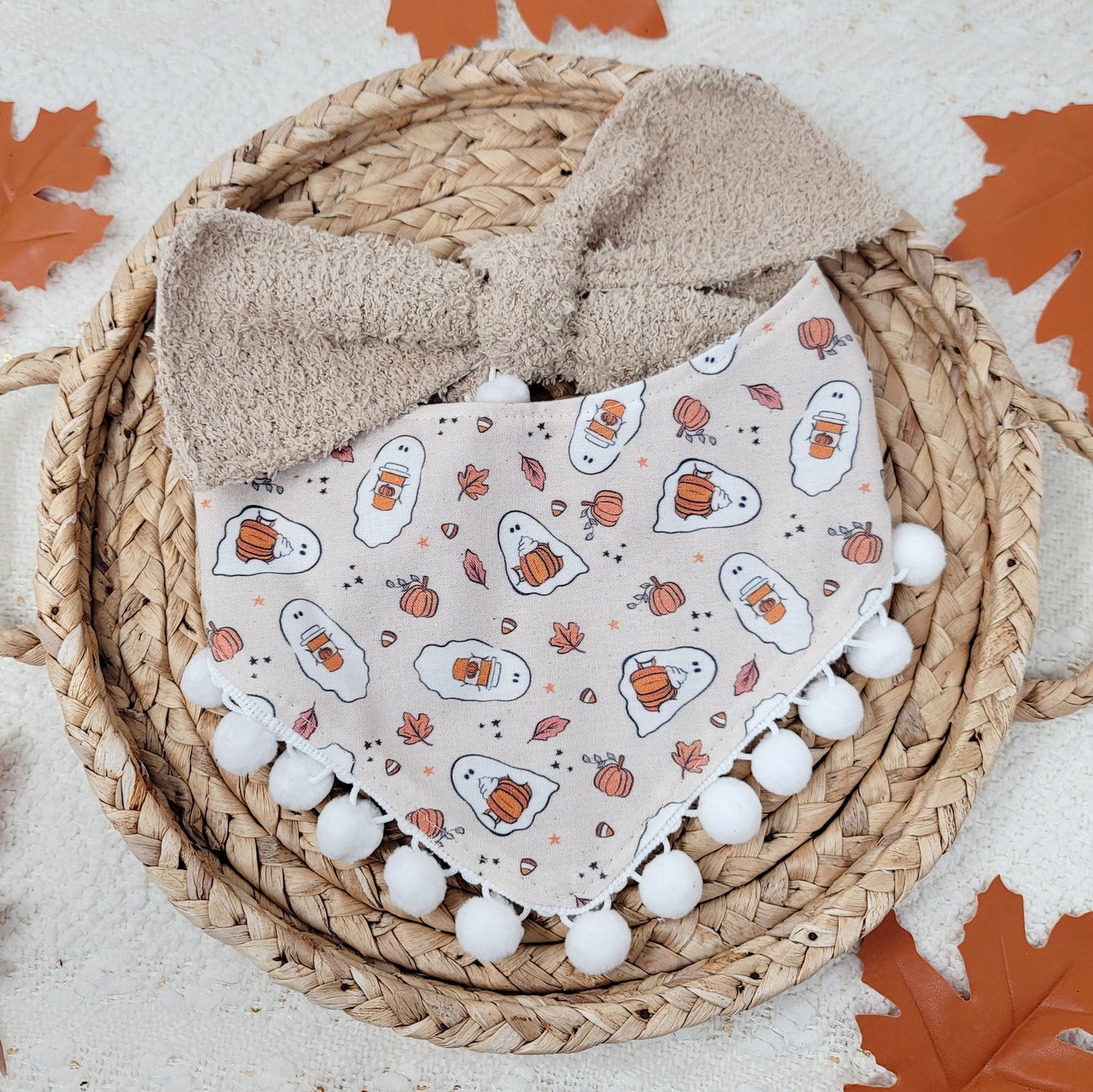 Pumpkin Spice Ghosts Dog Bandana With Or Without Pom Pom Trim