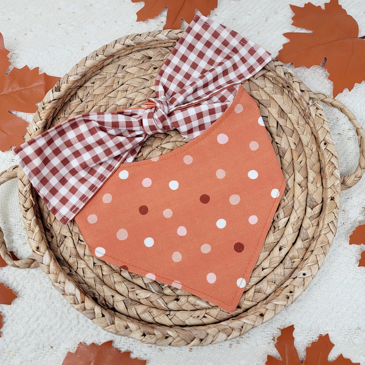 Fall Dots and Gingham Dog Bandana With Or Without Pom Pom Trim