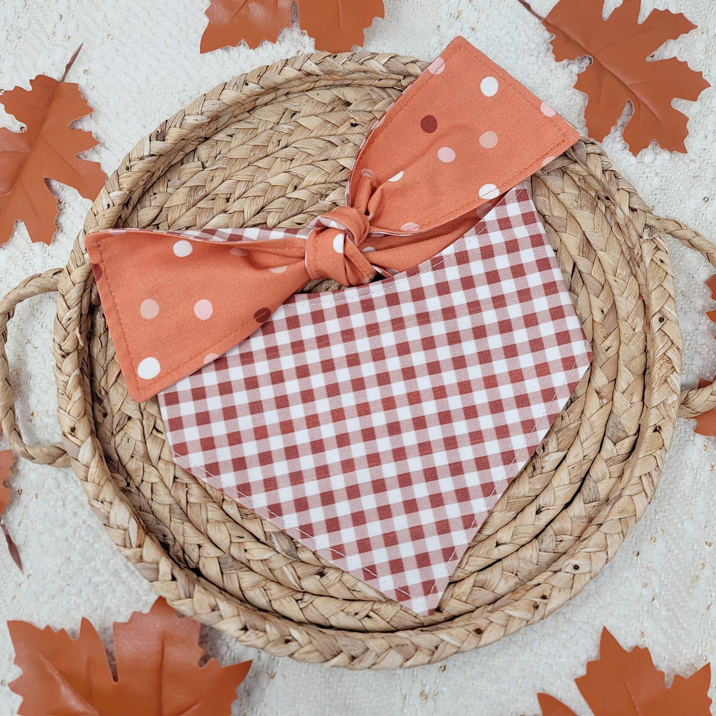 Fall Dots and Gingham Dog Bandana With Or Without Pom Pom Trim