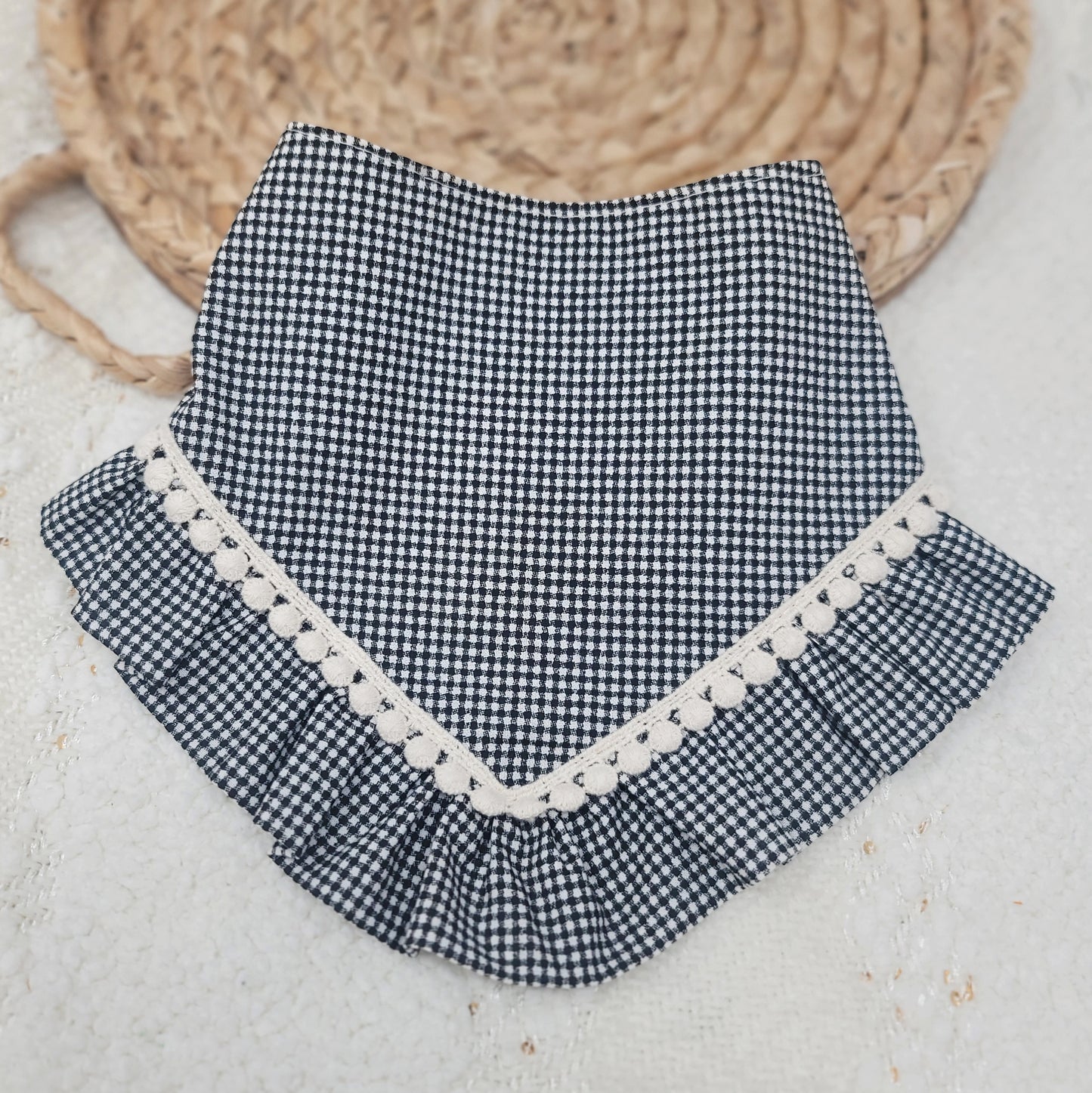 Dainty Black Gingham Dog Bandana With Ruffle Trim