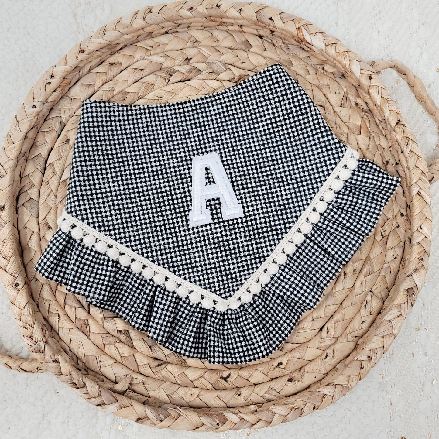 Dainty Black Gingham Dog Bandana With Ruffle Trim