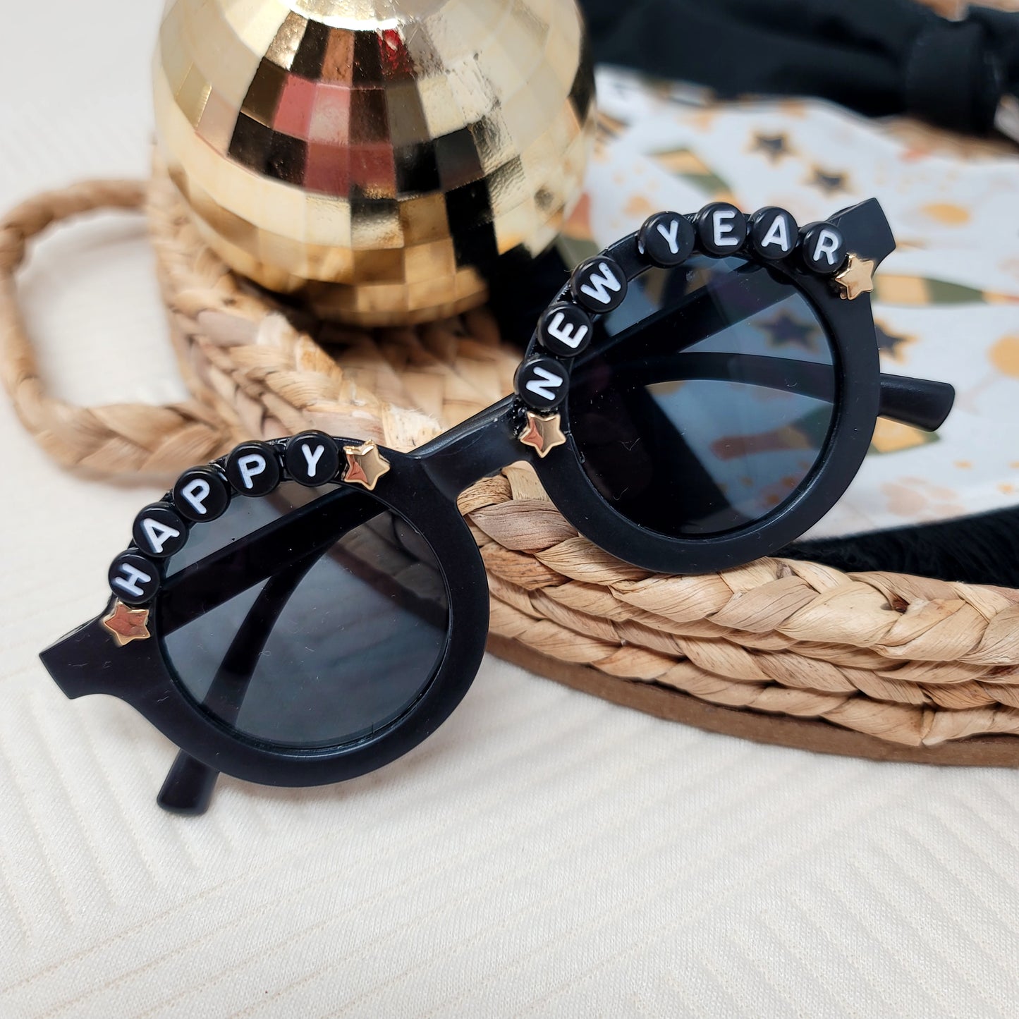 Black Happy New Year Beaded Sunglasses