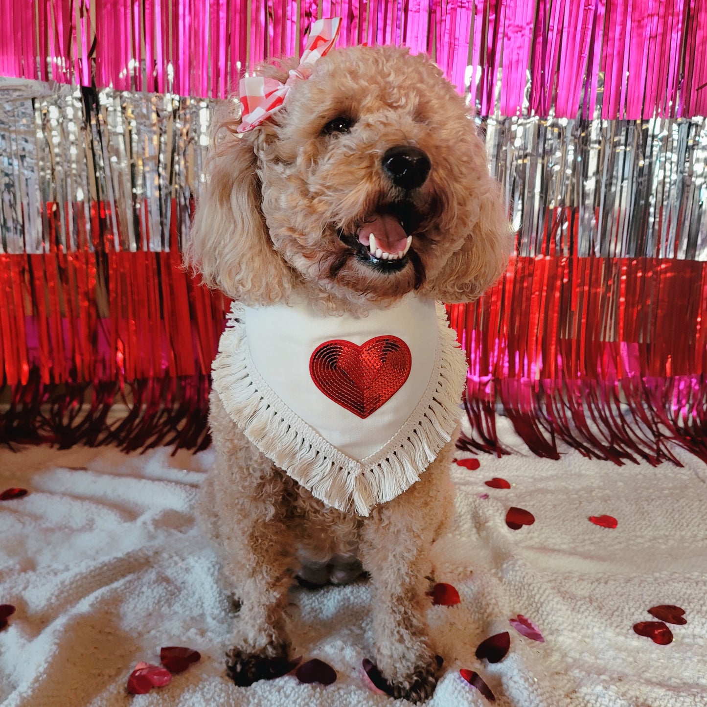 Red Sequin Heart Valentine's Day Tie On or Snap On Dog Bandana