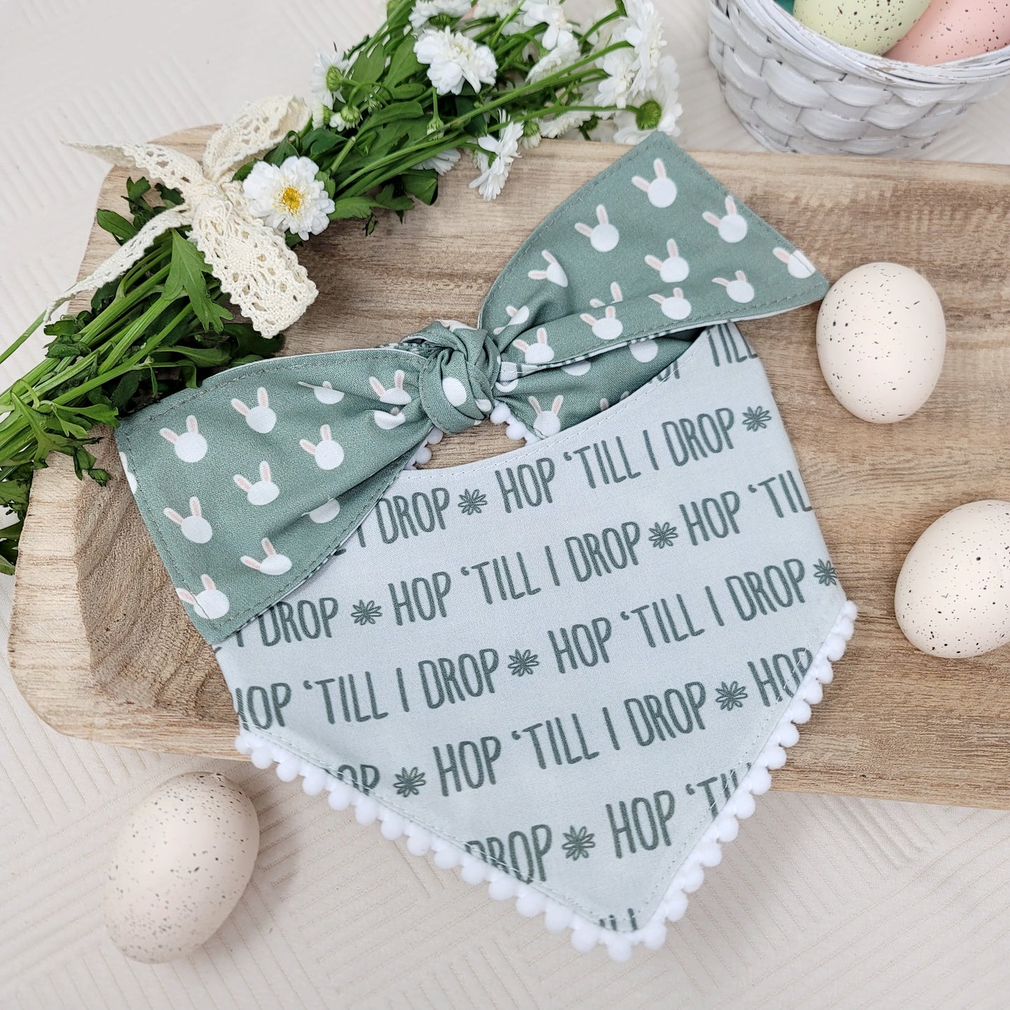 Hop 'Til I Drop Easter Bunny Dog Bandana With Or Without Trim