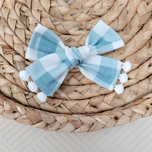 Blue Gingham Sailor Hair Bow With Trim