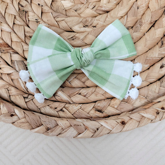 Green Gingham Sailor Hair Bow With Trim