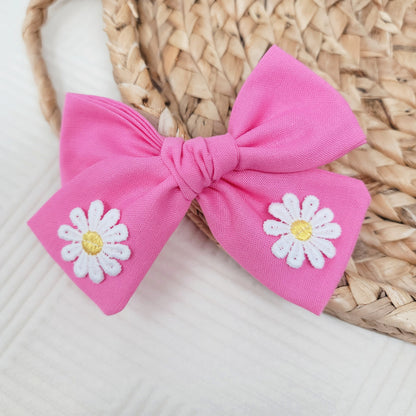 Solid Pink Hair Bow With Daisy Detail