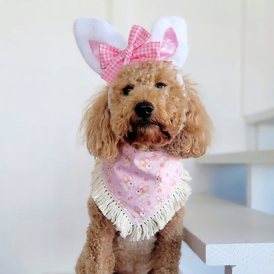 Pink Bunny Tie On or Snap On Dog Bandana With Or Without Trim