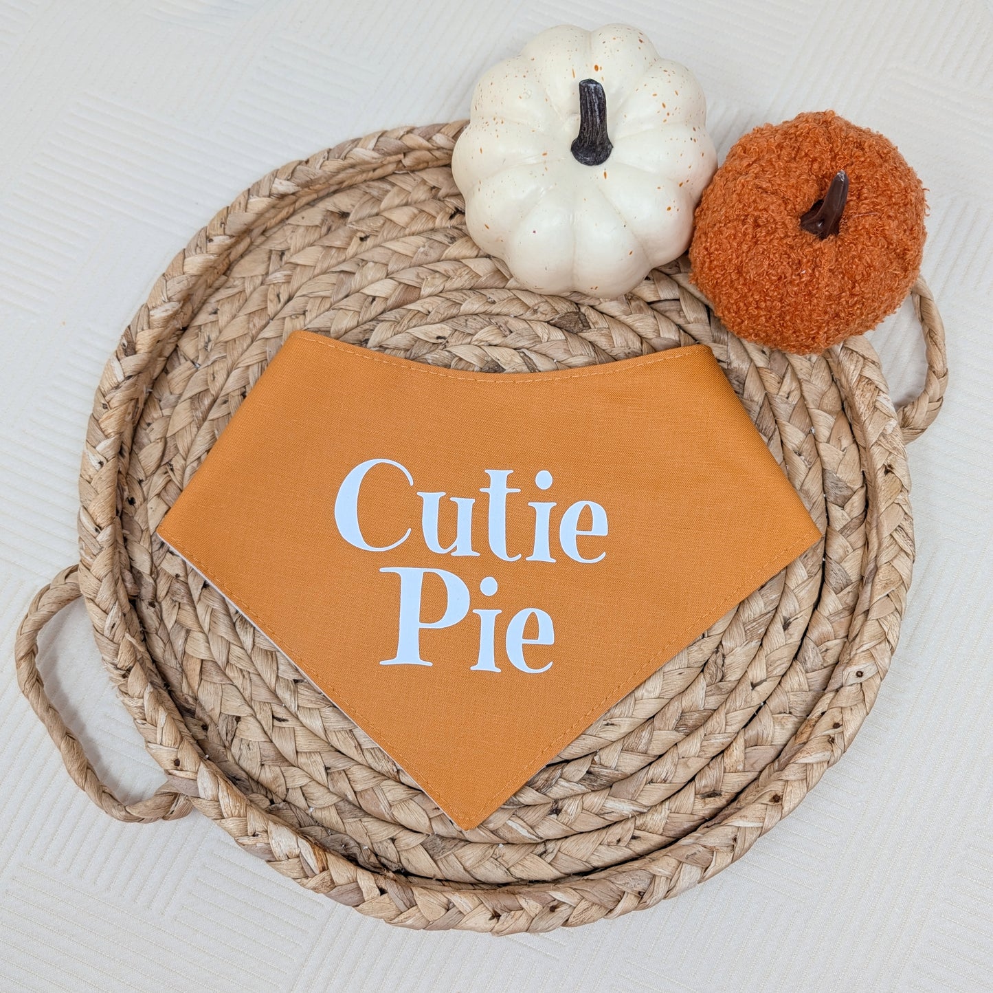 dog bandana with 'Cutie Pie' text on a woven tray with pumpkins.