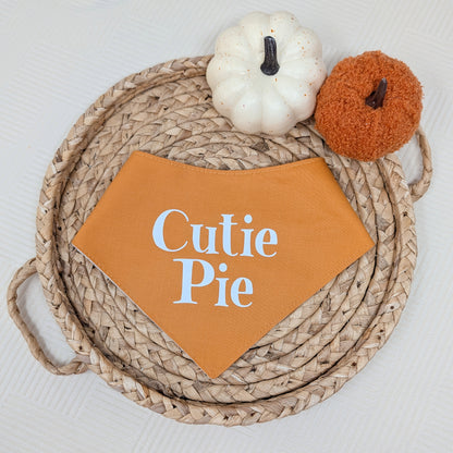 dog bandana with 'Cutie Pie' text on a woven tray with pumpkins.