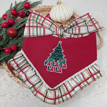 Fa La La Christmas Tree and Plaid Reversible Dog Bandana With Optional Ruffle Trim